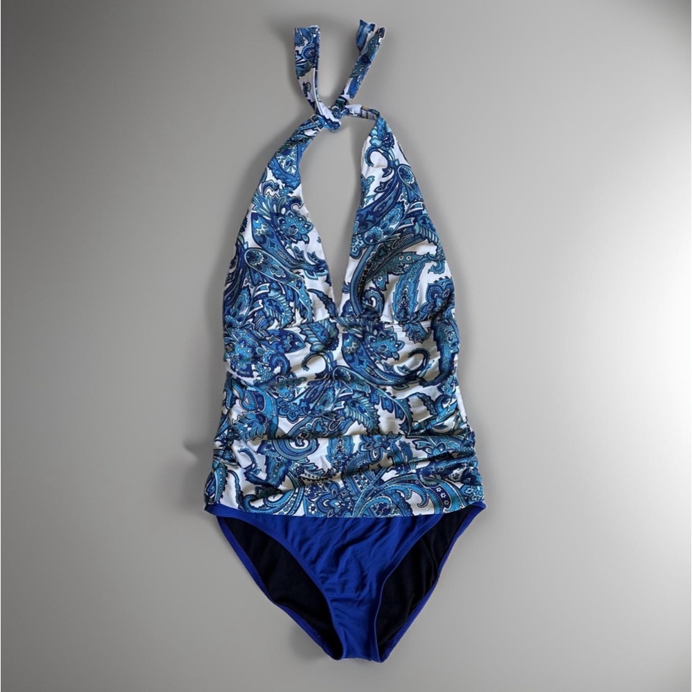 Chaps one piece swimsuit, bathing suit, blue (solid floral), tie-straps.…